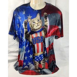 USA Flag Cat Kitty Polyester Lightweight Shirt Size XL